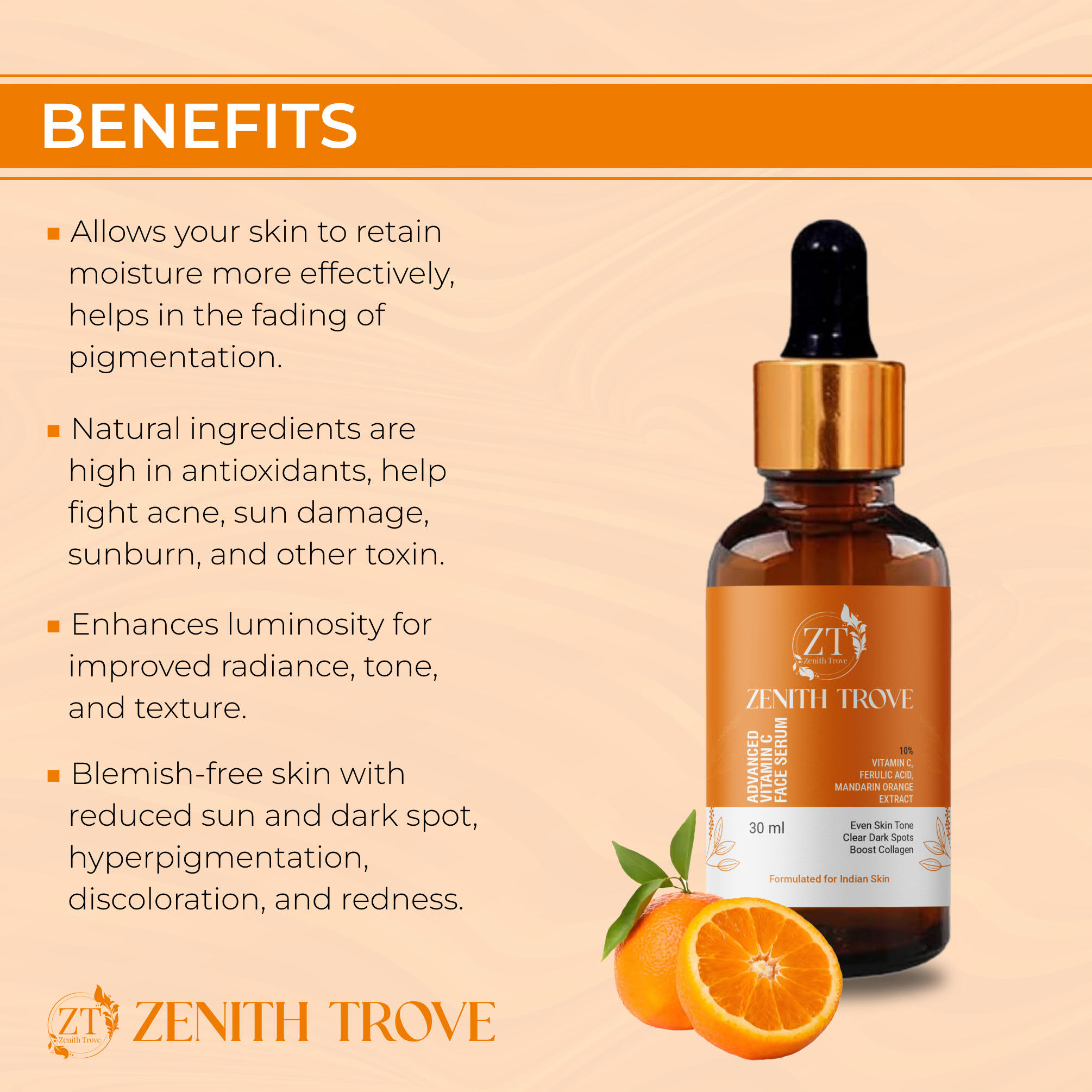 zenith trove 10 advance vitamin c serum with ferulic acid mandarin orange ext for dark spots pigmentation and glowing face