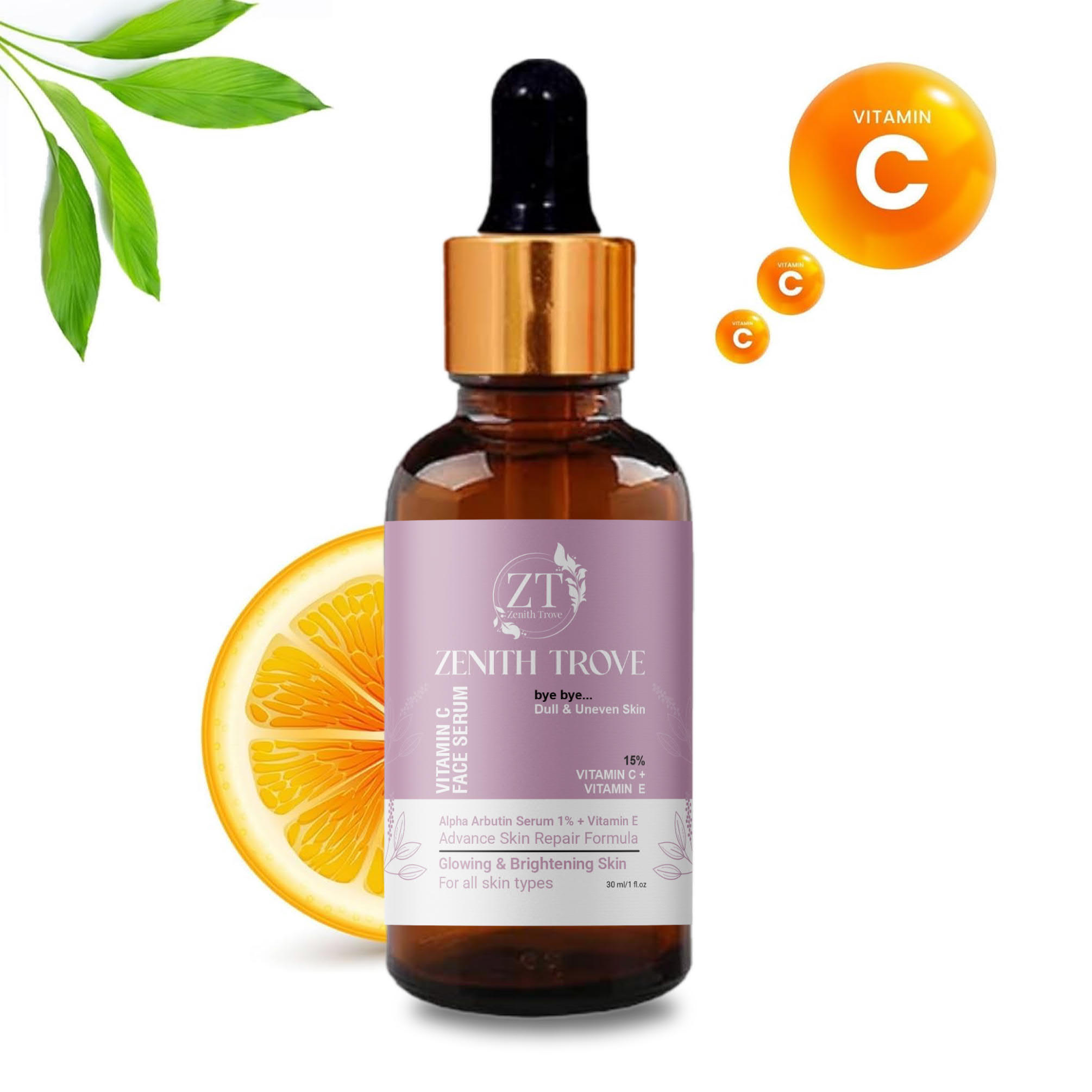 zenith trove vitamin c face serum reduces dark spots and hyperpigmentation hydrating and brightening with alpha arbutin 